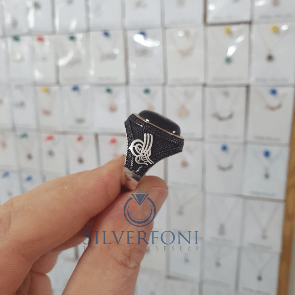 Silverfoni 925 Ayar Gümüş oniks taşlı osmanlı tuğralı   erkek yüzük