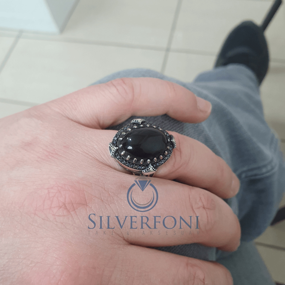 Silverfoni 925 Ayar Gümüş Oval oniks taşlı  erkek yüzük