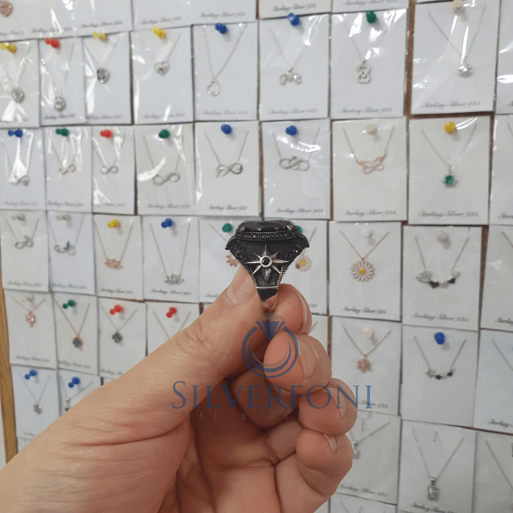 Silverfoni 925 Ayar Gümüş Oval Oniks taşlı pusula  erkek yüzük