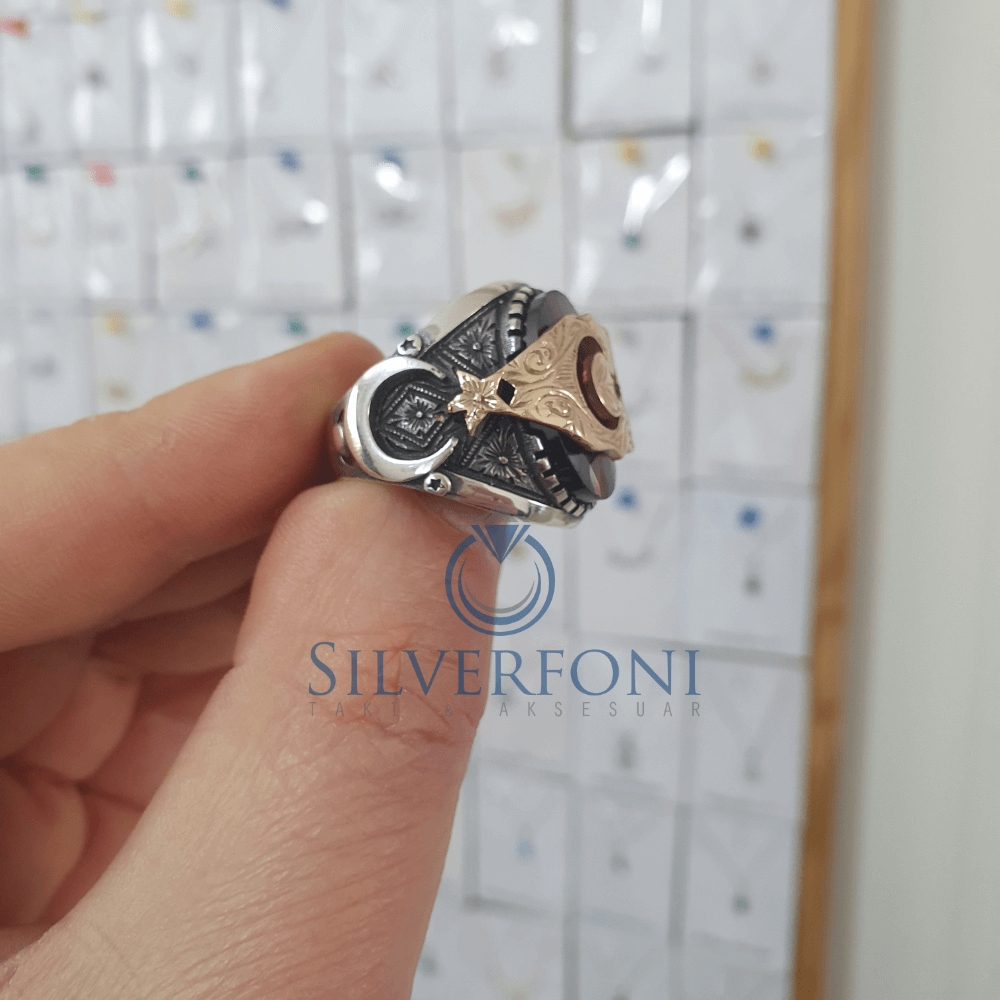 Silverfoni 925 Ayar Gümüş Ay Yıldız motifli  erkek yüzük