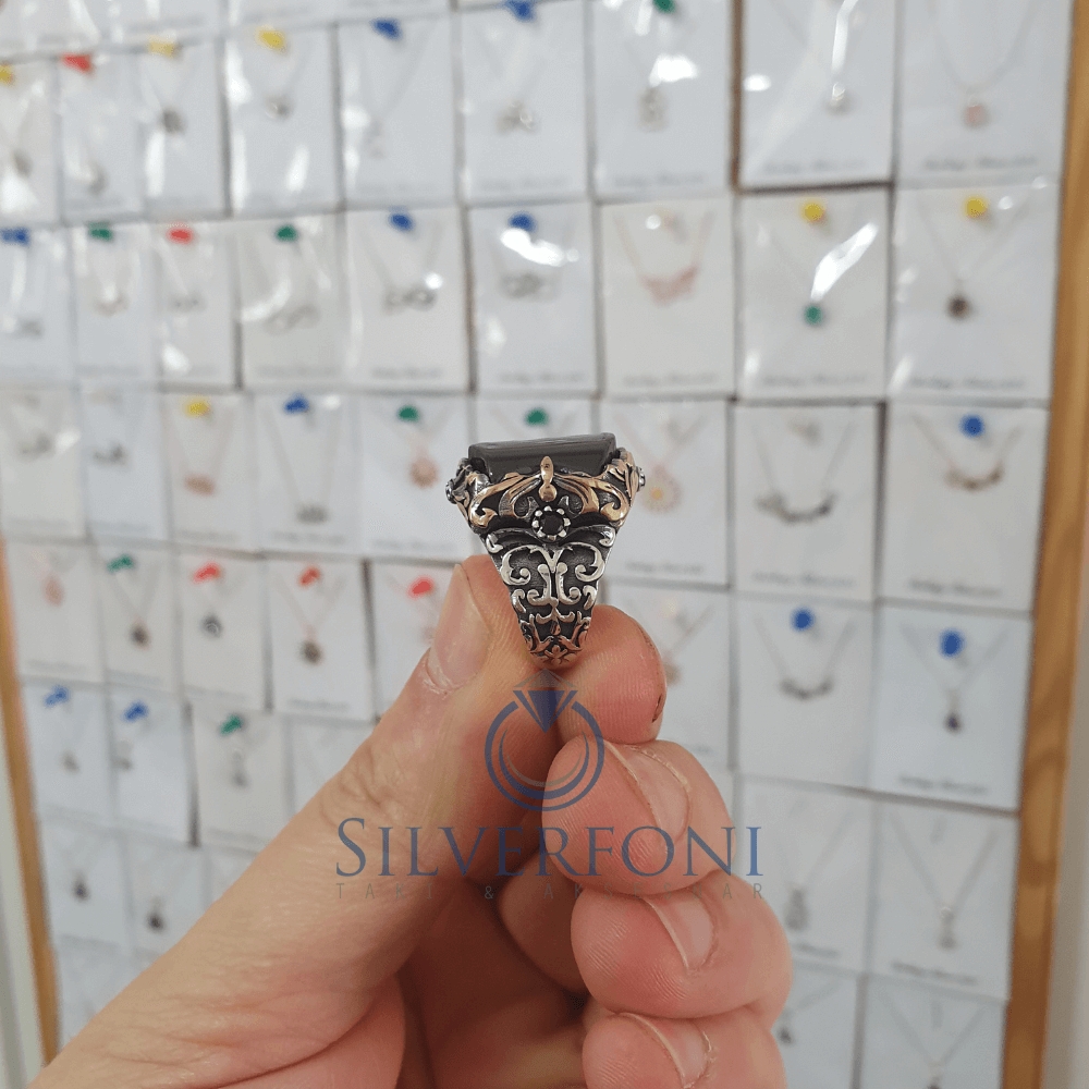 Silverfoni 925 Ayar Gümüş siyah büyük  Oniks taşlı  erkek yüzük