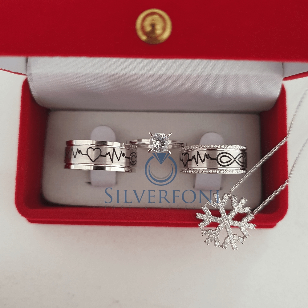 Silverfoni Ritim Çift Alyans Tektaş  Yüzük ve kartanesi Kolye