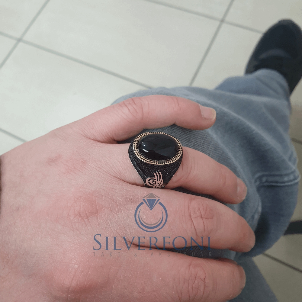 Silverfoni 925 Ayar Gümüş oniks taşlı osmanlı tuğralı   erkek yüzük