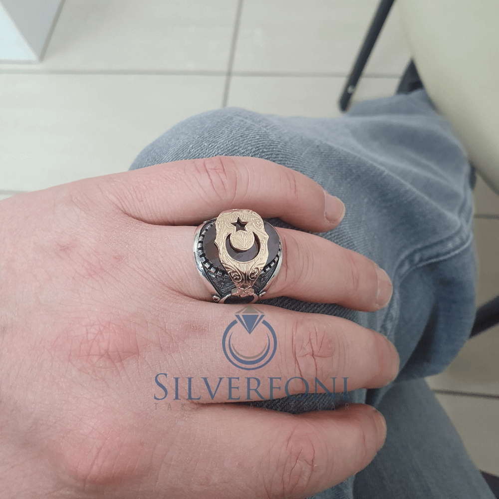 Silverfoni 925 Ayar Gümüş Ay Yıldız motifli  erkek yüzük