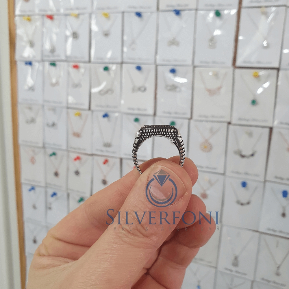 Silverfoni 925 Ayar Gümüş siyah Oniks taşlı  erkek yüzük