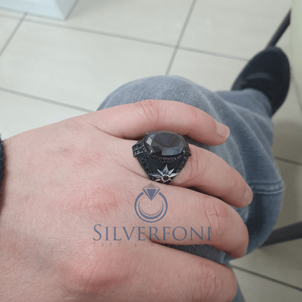 Silverfoni 925 Ayar Gümüş Oval Oniks taşlı pusula  erkek yüzük