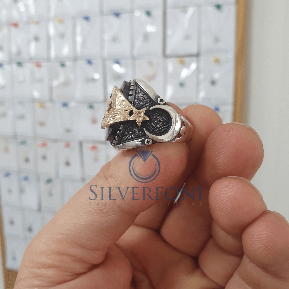 Silverfoni 925 Ayar Gümüş Ay Yıldız motifli  erkek yüzük