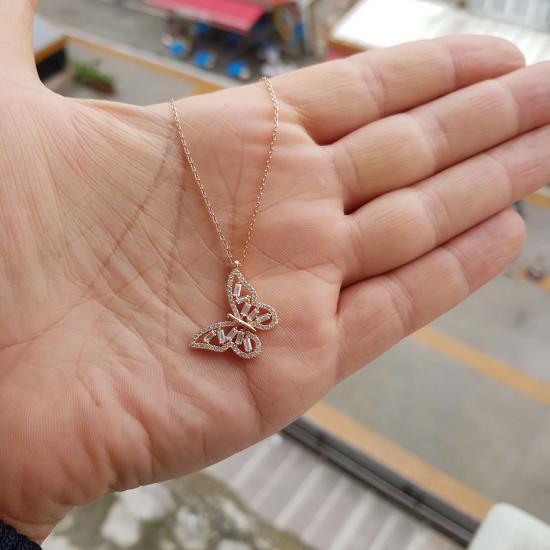 Silverfoni 925 Ayar Gümüş Kelebek Baget taş Roze Kolye