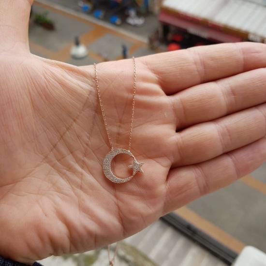  Silverfoni 925 Ayar Gümüş Zirkon Taşlı Ayyıldız roze Kolye