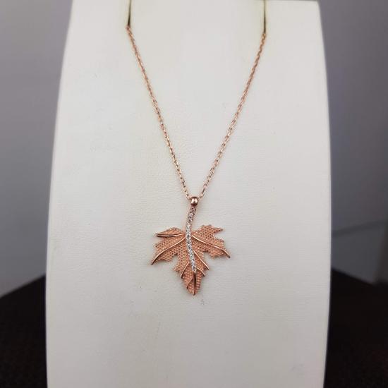 Silverfoni 925 Ayar Gümüş çınar yaprapı roze Kolye