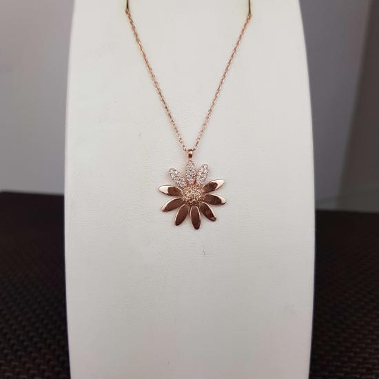 Silverfoni 925 Ayar Gümüş Zirkon Taşlı Güneş  Bayan Kolye Roze  