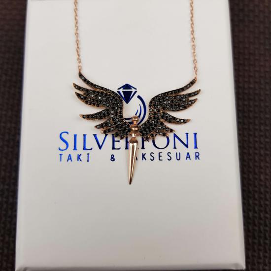 Silverfoni 925 Ayar Gümüş Siyah Kanatlı Melek Kolye