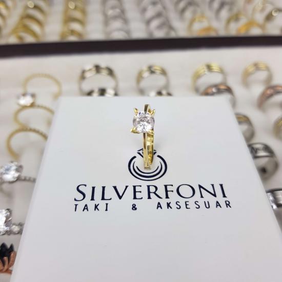 Silverfoni Gold Tektaş Zirkon Taşlı Klasik Gümüş Yüzük