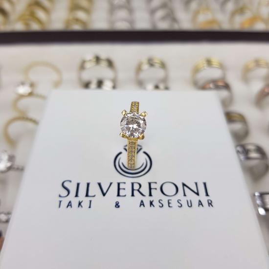 Silverfoni Gold Tektaş Zirkon Taşlı Gümüş Yüzük