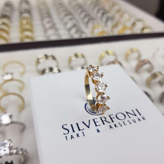 Silverfoni Gold Beştaş Zirkon Taşlı Gümüş Yüzük