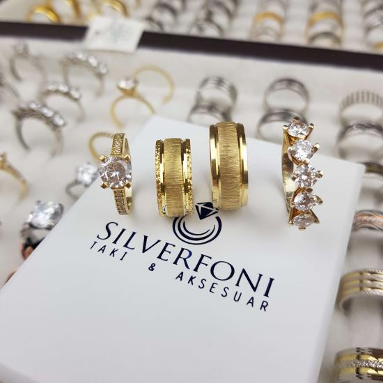 Silverfoni Patlıcan moru  gold Alyans & Beştaş ve Tektaş Taşlı  Kombini 