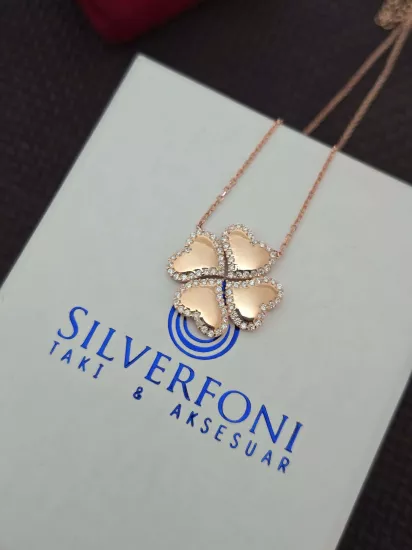 Silverfoni 925 Ayar Gümüş Bayan  kalp yonca Kolye