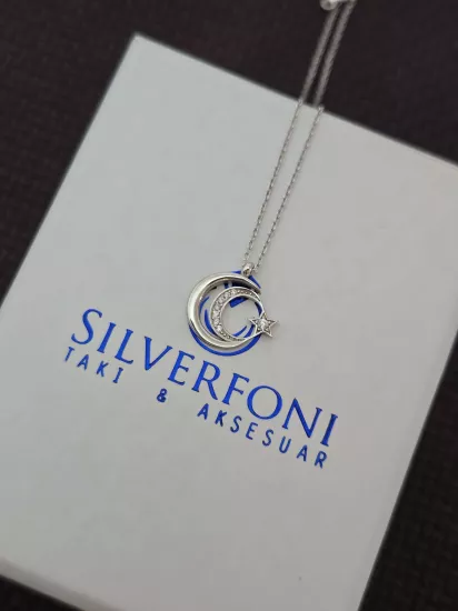 Silverfoni 925 Ayar Gümüş Bayan ay yıldız  Kolye