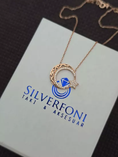 Silverfoni 925 Ayar Gümüş Bayan ay yıldız  Kolye