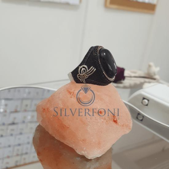 Silverfoni 925 Ayar Gümüş oniks taşlı osmanlı tuğralı   erkek yüzük