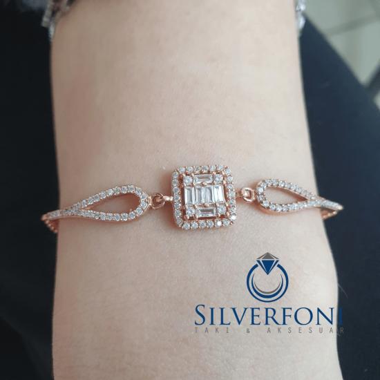 Silverfoni 925 Ayar Gümüş Pırlanta Montür baget Rozegold  Bileklik