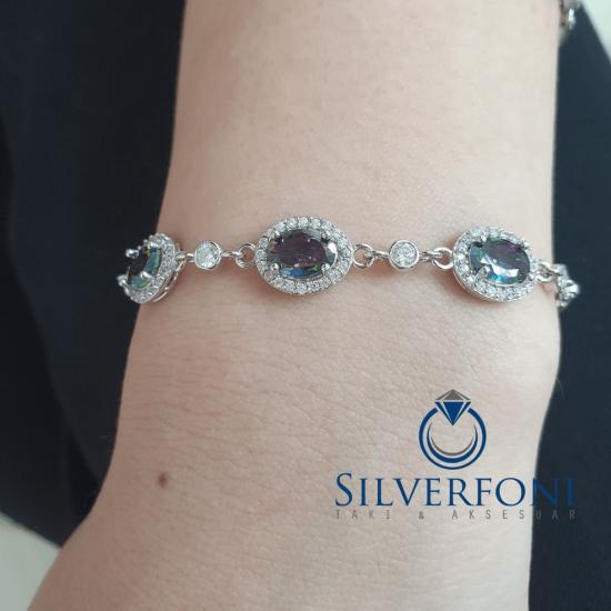 Silverfoni 925 Ayar Gümüş 3 Taşlı Oval kesim   Bileklik
