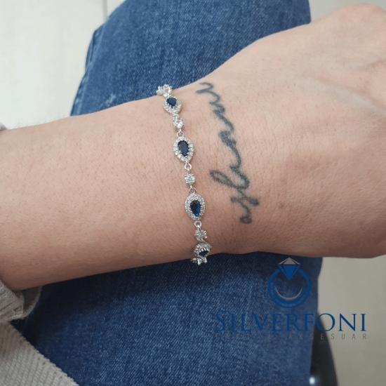 Silverfoni 925 Ayar Gümüş Damla Suyolu Mavi Taşlı  Bileklik