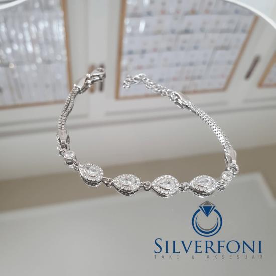 Silverfoni 925 Ayar Gümüş Damla Suyolu Beyaz 4 Taşlı  Bileklik