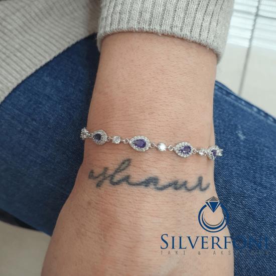 Silverfoni 925 Ayar Gümüş Damla Suyolu Mor Taşlı  Bileklik
