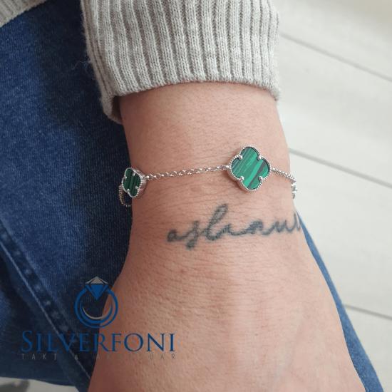 Silverfoni 925 Ayar Gümüş Yonca Üçlü Yeşil Bileklik