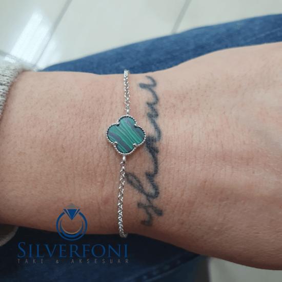 Silverfoni 925 Ayar Gümüş Yonca Tekli Yeşil Bileklik