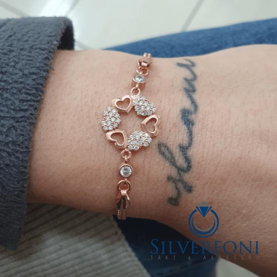 Silverfoni 925 Ayar Gümüş Kalp  Rozegold  Bileklik