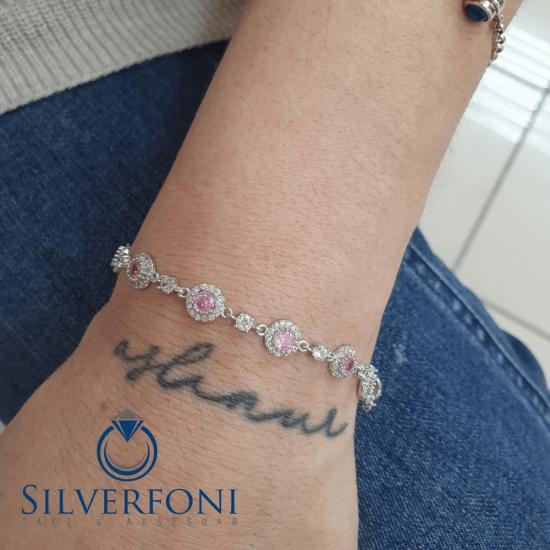 Silverfoni 925 Ayar Gümüş Yuvarlak Suyolu Pembe Taşlı Bileklik