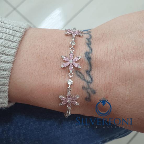 Silverfoni 925 Ayar Gümüş Lotus Pembe Taş Bileklik