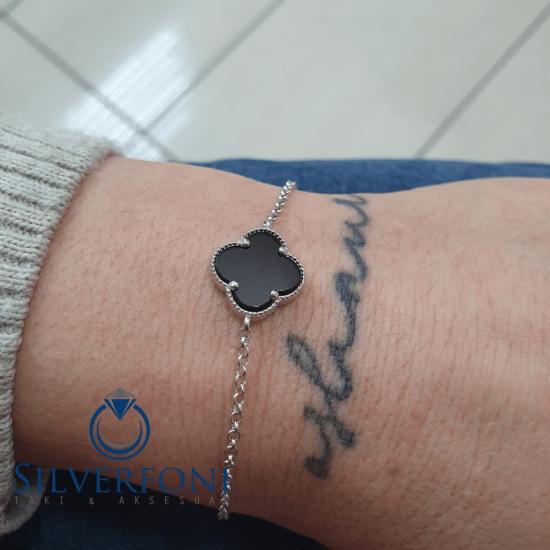 Silverfoni 925 Ayar Gümüş Yonca Tekli Siyah Bileklik