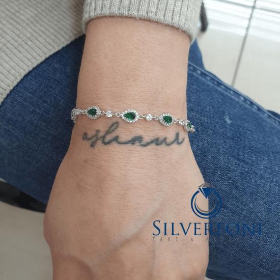 Silverfoni 925 Ayar Gümüş Damla Suyolu Yeşil Taşlı  Bileklik