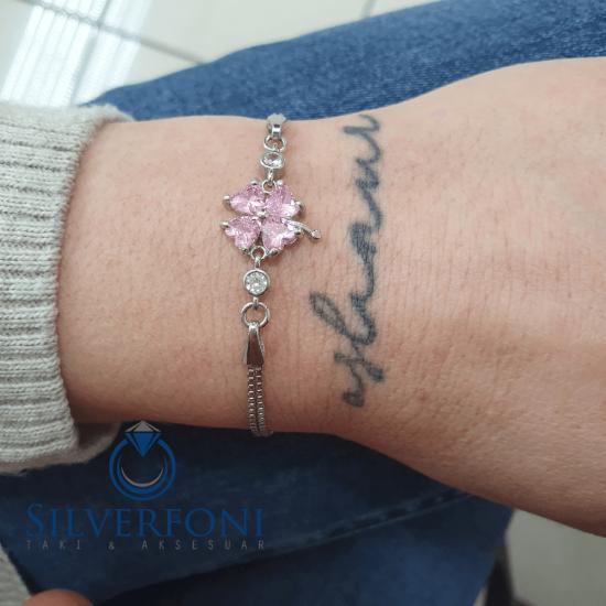Silverfoni 925 Ayar Gümüş Yonca Silver Pembe Taş Bileklik