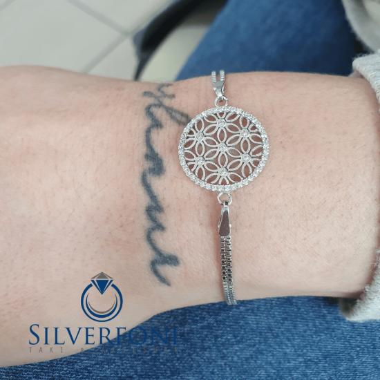 Silverfoni 925 Ayar Gümüş Yaşam Çiçeği Beyaz Taş Bileklik