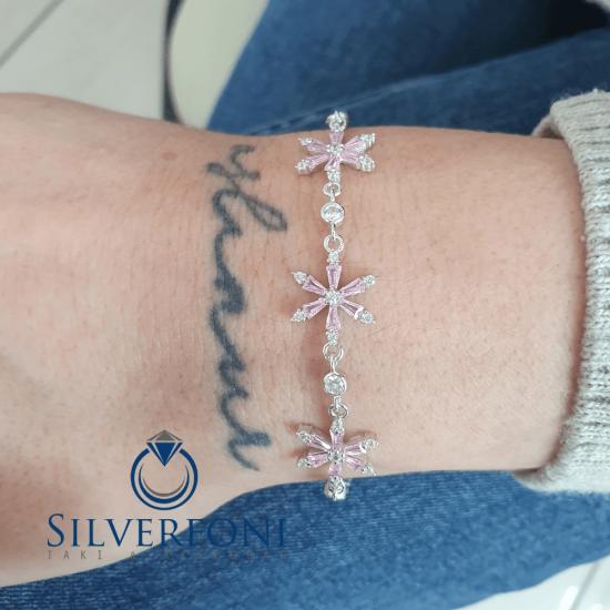 Silverfoni 925 Ayar Gümüş Lotus Pembe Taş Bileklik