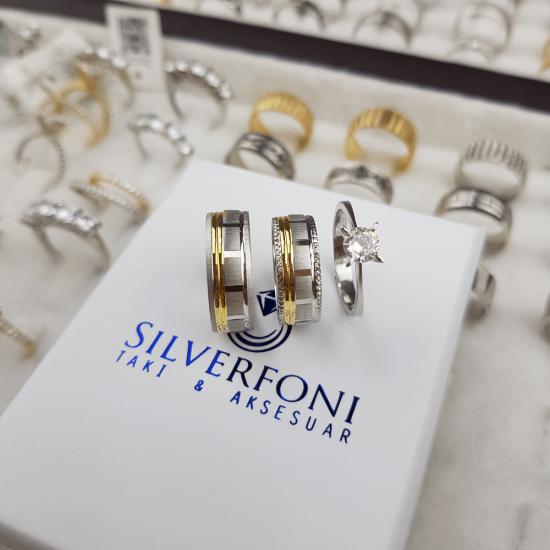 Silverfoni Sarı Kare çift  Alyans &  Tektaş Kombini 