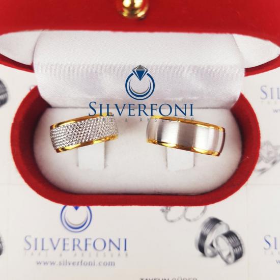 Buzlu Sarı Şeritli Model Çift Alyans |